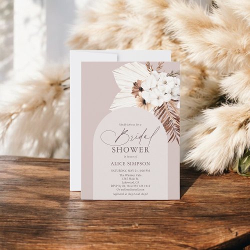 Boho Floral Dried Leaves Beige Bridal Shower Invitation