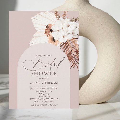 Boho Floral Dried Leaves Beige Bridal Shower Invitation