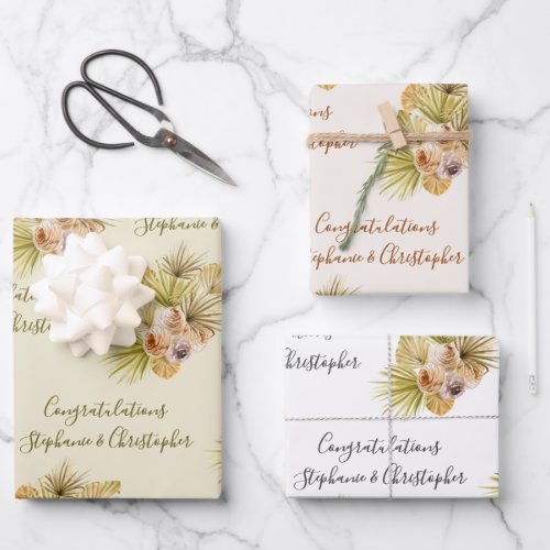 Boho Floral Dried Palm Add Names Wedding Wrapping Paper Sheets