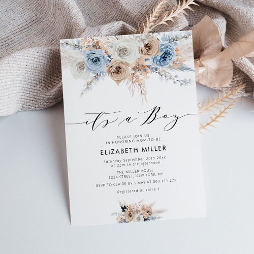 boho floral dusty blue baby shower invitation