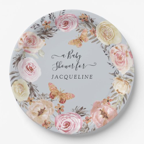 Boho Floral Dusty Blue Pink Modern Baby Shower Paper Plates