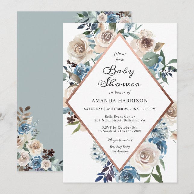 Boho Floral Dusty Blue Rose Gold Baby Shower Invitation (Front/Back)