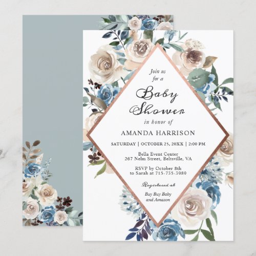 Boho Floral Dusty Blue Rose Gold Baby Shower Invitation