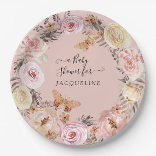 Boho Floral Dusty Blush Pink Modern Baby Shower Paper Plates