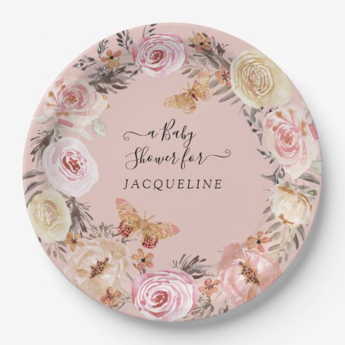 Boho Floral Dusty Blush Pink Modern Baby Shower Paper Plates