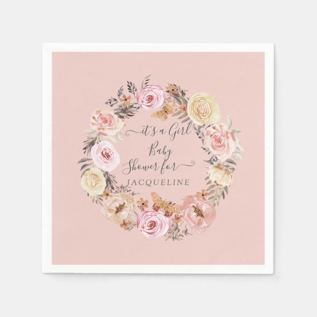 Boho Floral Dusty Pink Modern Baby Girl Shower Napkins (Front)