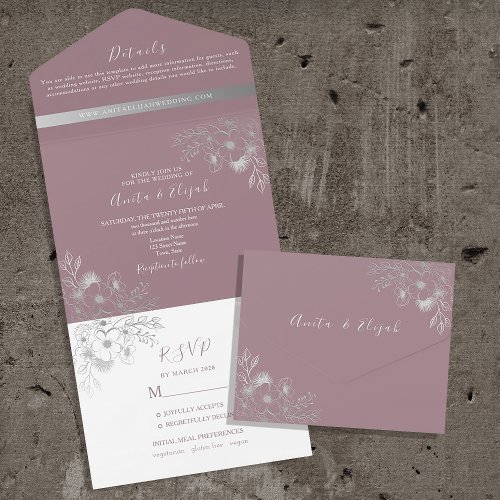 Boho Floral Dusty Rose Wedding All In One Invitation