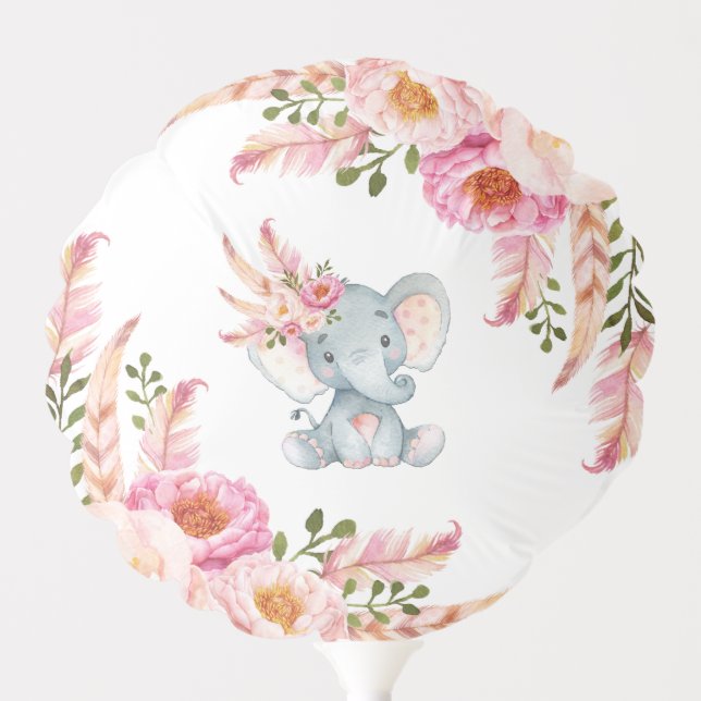 Boho Floral Elephant 1st Birthday Shower Pink Gold Balloon (Front)