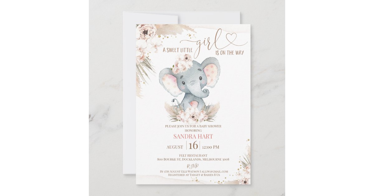 Boho Floral Elephant Baby Girl Baby Shower Invitation | Zazzle