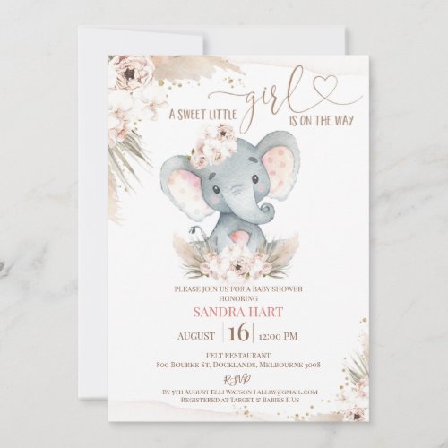 Boho Floral Elephant Baby Girl Baby Shower Invitation