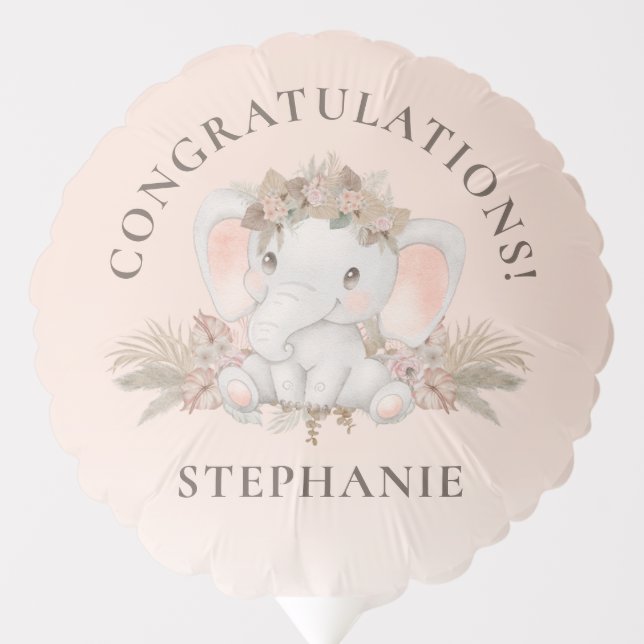 Boho Floral Elephant Baby Shower Congratulations Balloon (Front)
