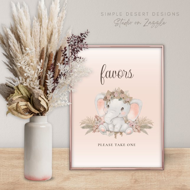 Boho Floral Elephant Baby Shower Favors Sign (Cute Boho Baby Shower Favors Sign with Elephant Pampas Grass and Simple Floral Design)