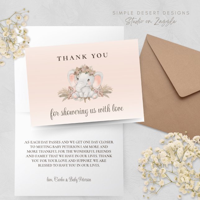 Boho Floral Elephant Baby Shower Thank You Card (Boho Baby Shower Thank You Card with Cute Elephant and Gender Neutral Floral Design)