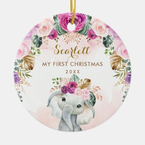 Boho Floral Elephant Girl Baby 1st Christmas Ceramic Ornament