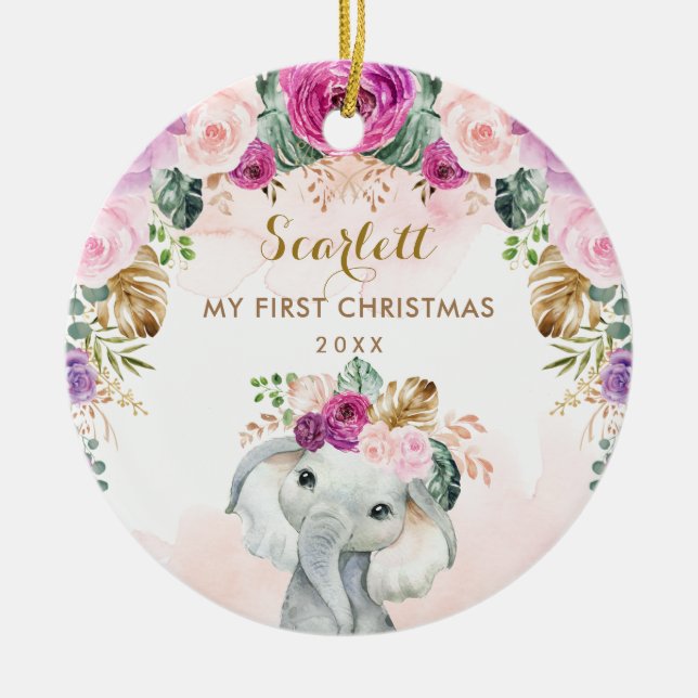 Boho Floral Elephant Girl Baby 1st Christmas Ceramic Ornament (Front)