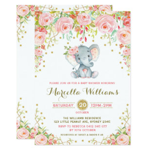 Boho Floral Elephant Invitation Pink Baby Shower