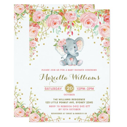 Boho Fl Elephant Invitation Pink Baby Shower Zazzle