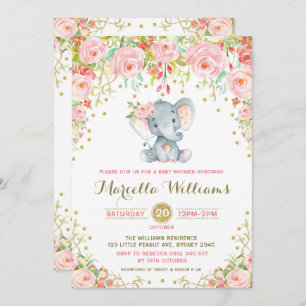 Boho Floral Elephant Invitation Pink Baby Shower