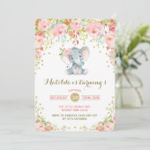 Boho Floral Elephant Invitation Pink Gold Birthday (Standing Front)