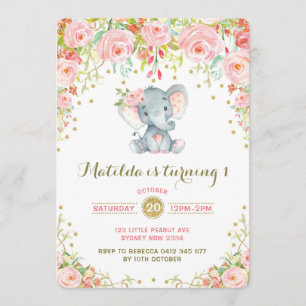 Boho Floral Elephant Invitation Pink Gold Birthday