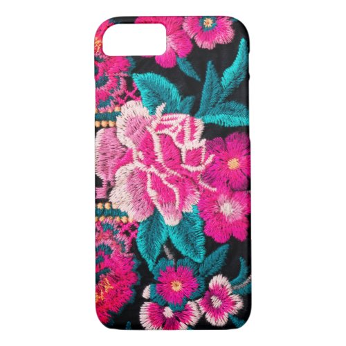 Boho floral embroidery look black pink teal iPhone 87 case