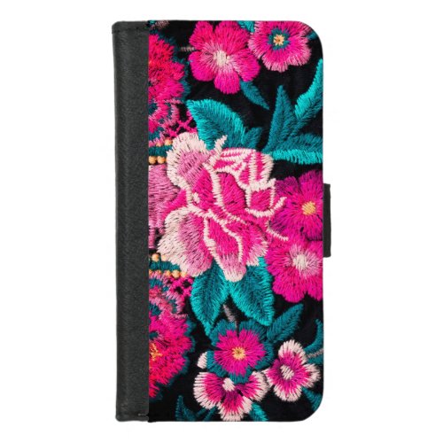 Boho floral embroidery look black pink teal iPhone 87 wallet case