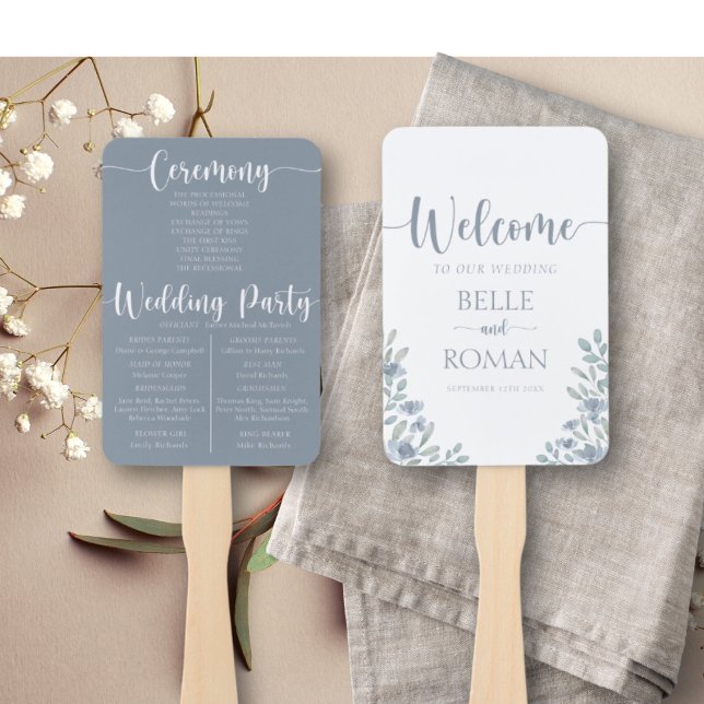Boho Floral Eucalyptus Blue Wedding Program Hand Fan (Creator Uploaded)