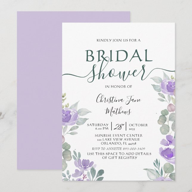 Boho Floral Eucalyptus Purple Bridal Shower Invitation (Front/Back)