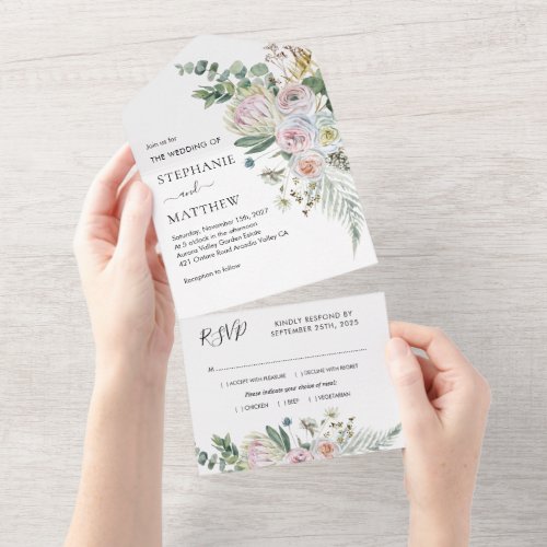 Boho Floral Eucalyptus Watercolor Wedding All In One Invitation