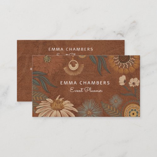 Boho Floral Event Planner Chocolate Brown Business Card