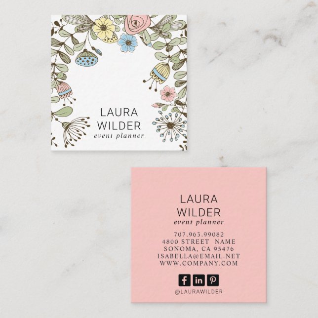 Boho Floral Event Planner Pink Square Business  Card (Front/Back)