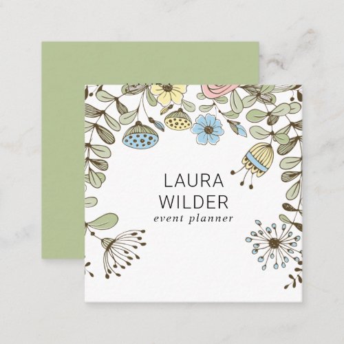 Boho Floral Event Planner White Green Square Business Card