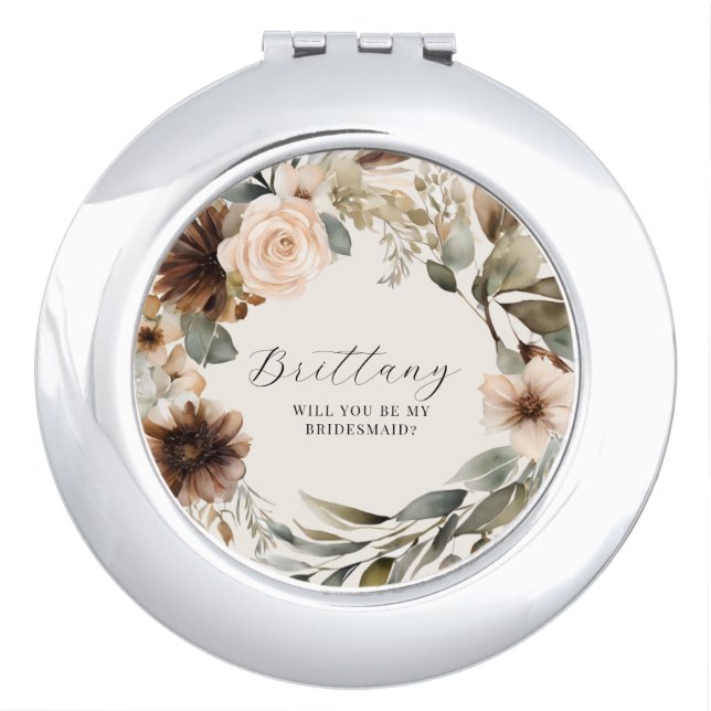 BOHO Floral Fall Autumn Foliage Earthy Wedding Compact Mirror (Front)