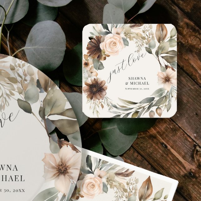 BOHO Floral Fall Autumn Foliage Muted Wedding Square Paper Coaster (Creator Uploaded)
