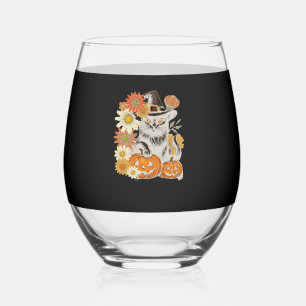 Boho Floral Fall Black Cat Halloween Essential T-S Stemless Wine Glass
