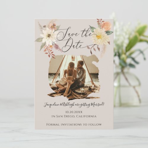 BOHO Floral Fall Foliage Taupe Gray Earthy Photo Save The Date