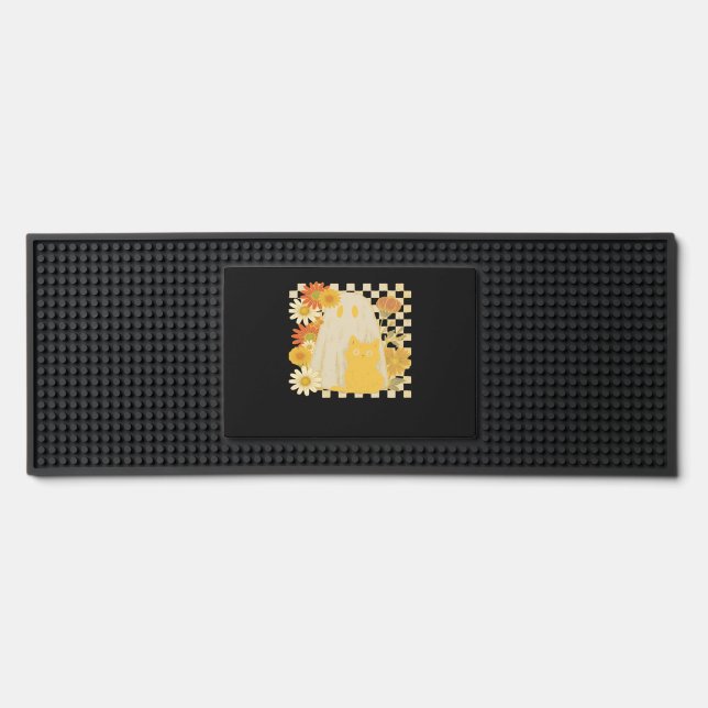 Boho Floral Fall Ghost and Black Cat Halloween Fal Bar Mat (Front)