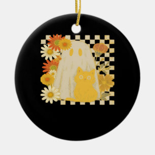 Boho Floral Fall Ghost and Black Cat Halloween Fal Ceramic Ornament