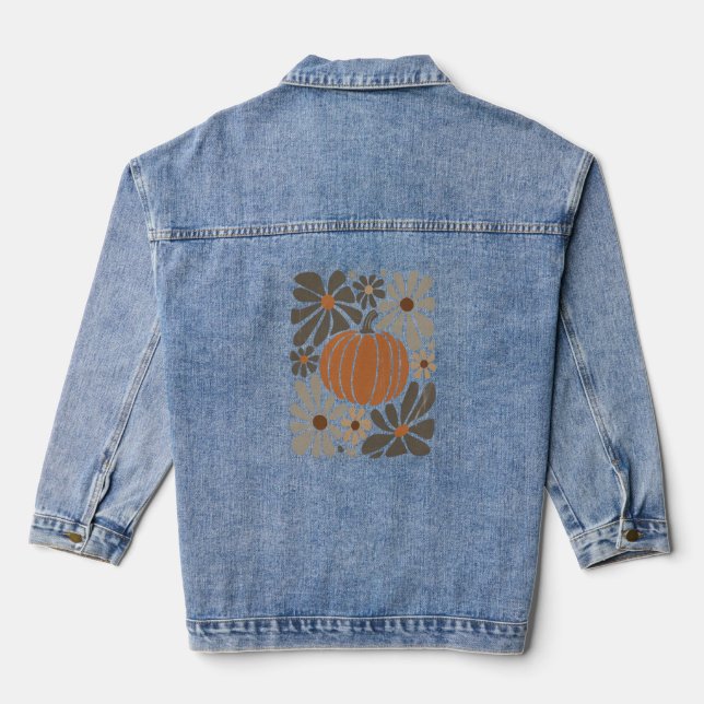 Boho Floral Fall Pumpkin Season Denim Jacket (Back)