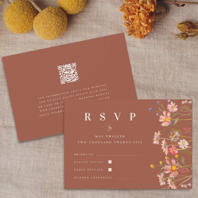 Boho Floral Fall Terracotta Beige Qr Code Wedding RSVP Card (Wildflower boho fall floral terracotta rust qr code Wedding RSVP card Autumn garden meadow flowers )