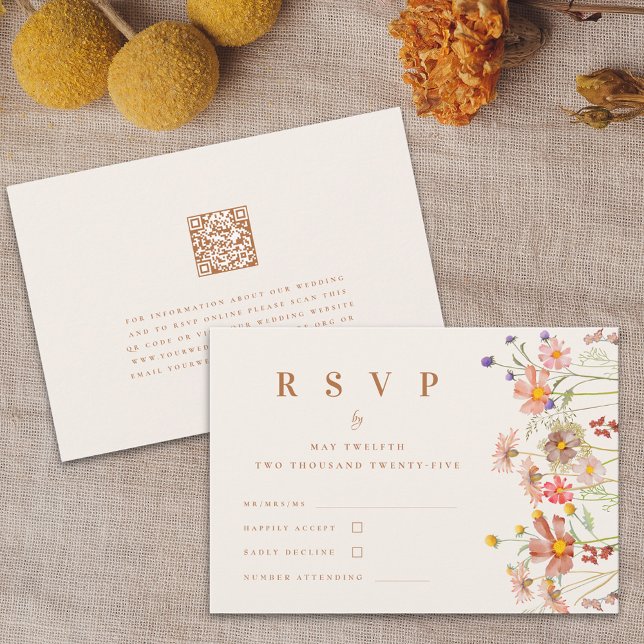 Boho Floral Fall Terracotta Beige Qr Code Wedding RSVP Card (Creator Uploaded)