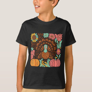 Boho Floral Fall Turkey Pumpkin Thanksgiving Girl T-Shirt
