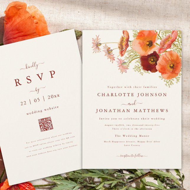 Boho Floral Fall Wedding Invitation (Elegant floral bouquet fall wedding invitation with burnt orange script and qr code)