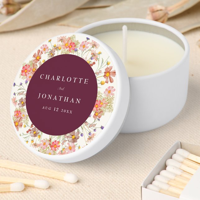 Boho Floral Fall Wedding Mini Candle Favors (Boho fall rustic Wildflower floral burgundy ivory cream Wedding custom candle favors)