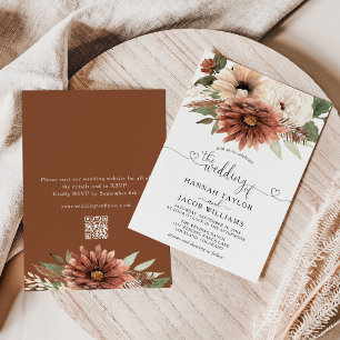 Boho Floral Fall Wedding QR Code RSVP Invitation