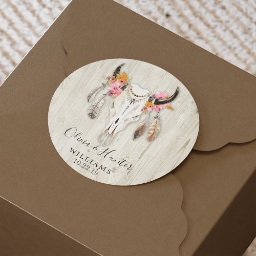 Boho Floral Feather Antler Cow Skull Wedding Classic Round Sticker