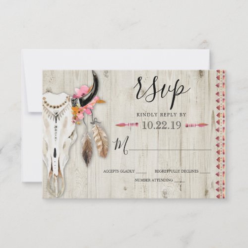 Boho Floral Feather Antler Cow Skull Wood Wedding RSVP Card