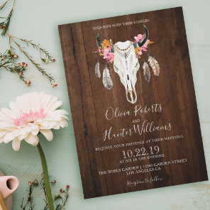 Boho Floral Feather Antlers Cow Skull Wood Wedding Invitation