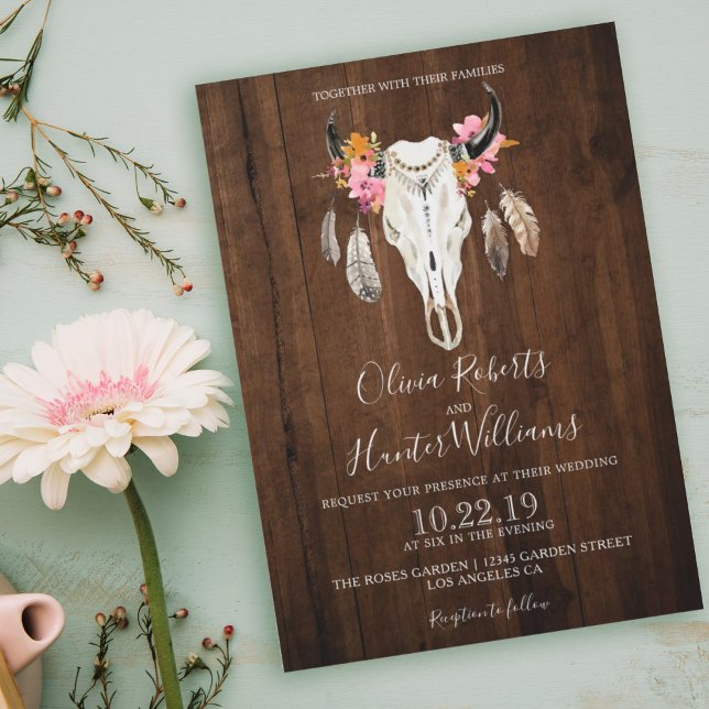 Boho Floral Feather Antlers Cow Skull Wood Wedding Invitation (Creator Uploaded)
