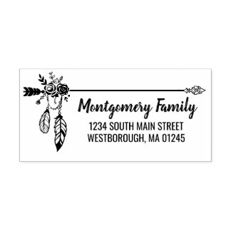 Boho Floral Feather Custom Name Return Address Rubber Stamp
